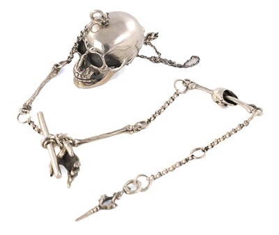 Lot 369 - A 19TH CENTURY SILVER SKULL FOB POCKET WATCH CHAIN