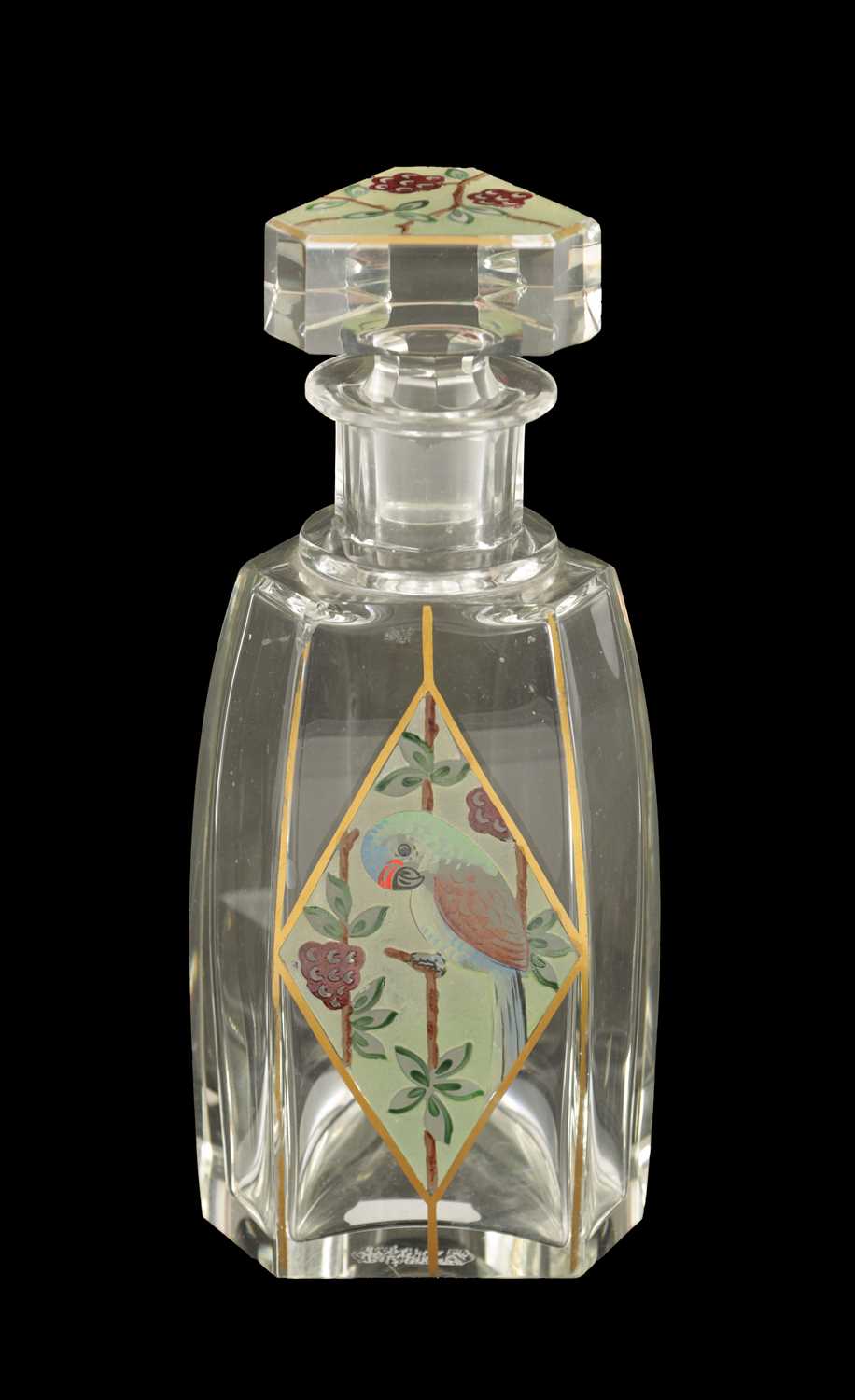 Lot 12 - AN ART DECO FRENCH PAINTED WHISKEY DECANTER