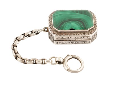 Lot 291 - A SMALL VICTORIAN MALACHITE MOUNTED SILVER FOB VINAIGRETTE