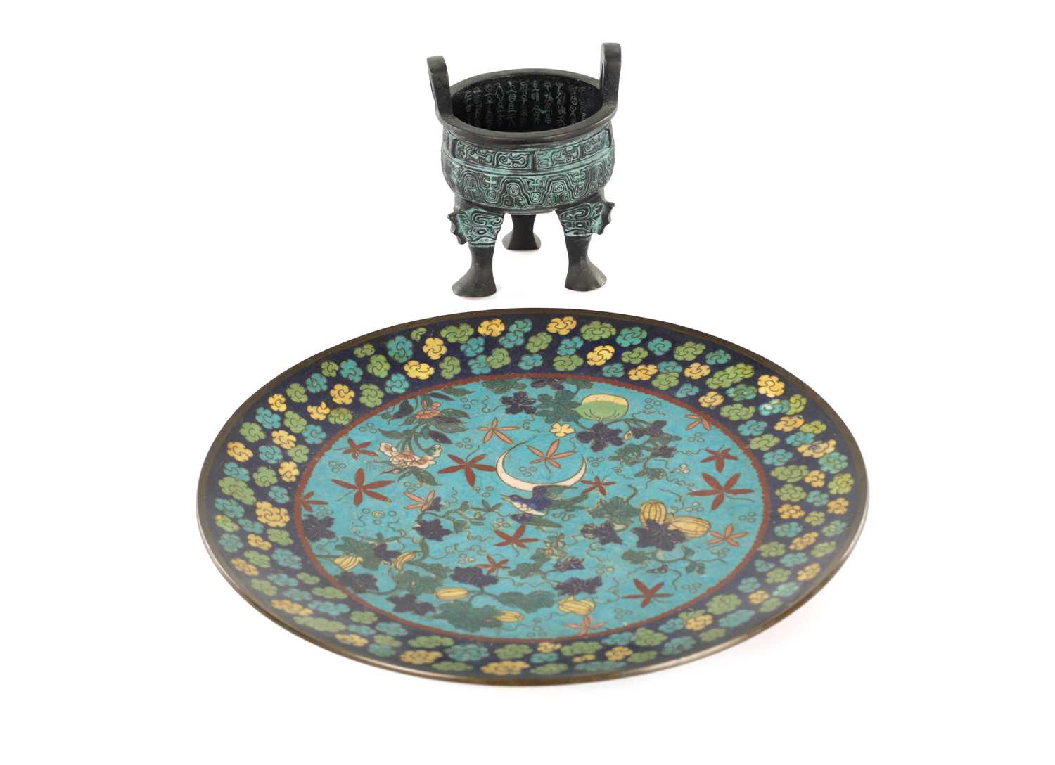 Lot 174 - A CHINESE CLOISONNE ENAMEL CHARGER AND A BRONZE CENSER