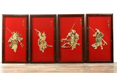 Lot 204 - A SET OF FOUR LATE 19TH CENTURY CHINESE LACQUERED PANELS WITH IVORY AND MOTHER OF PEARL INLAID FIGURES OF WARRIORS