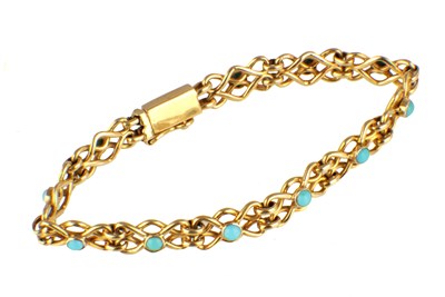 Lot 536 - A LADIES 18CT YELLOW GOLD AND TURQUOISE BRACELET