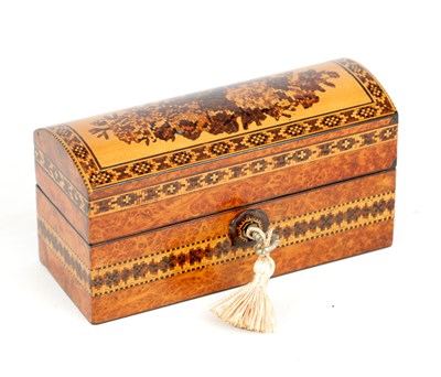 Lot 1107 - A 19TH CENTURY TUNBRIDGE WARE RECTANGULAR DOME-TOP LIDDED BOX