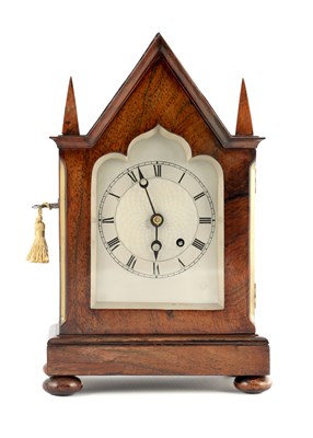 Lot 1610 - A SMALL 19TH CENTURY ENGLISH ROSEWOOD FUSEE MANTEL CLOCK