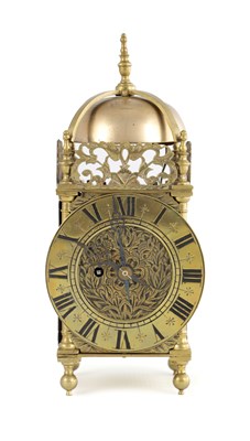 Lot 1581 - A 19TH CENTURY ENGLISH FUSEE SMALL BRASS LANTERN CLOCK