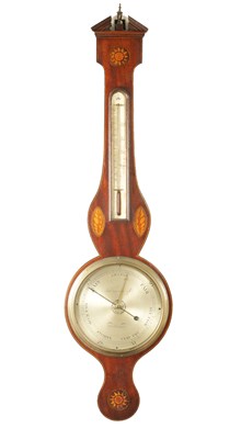 Lot 1553 - BRISSONICO & CO. SOUTHAMPTON. A GEORGE III SHERATON INLAID MAHOGANY WHEEL BAROMETER