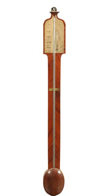 Lot 1568 - A LATE GEORGIAN MAHOGANY SILVERED DIAL STICK BAROMETER