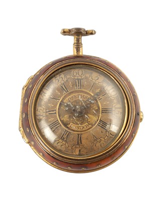 Lot 1445 - J. JOSEPHSON, LONDON. A GEORGE II TORTOISESHELL AND GILT PAIR CASED VERGE POCKET WATCH
