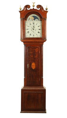 Lot 1342 - E. STOTT, WAKEFIELD. A LATE GEORGE III OAK AND MAHOGANY PAINTED DIAL ROLLING MOON EIGHT-DAY LONGCASE CLOCK