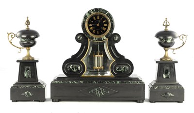 Lot 1739 - A LATE 19TH CENTURY FRENCH BLACK SLATE SLATE AND VERDI ANTICO MARBLE CLOCK GARNITURE