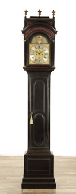 Lot 1609 - PHILIP ABBOT, LONDON. A RARE EARLY 18TH CENTURY EBONISED EIGHT-DAY AUTOMATON LONGCASE CLOCK MADE FOR EDWARD WYBURD.