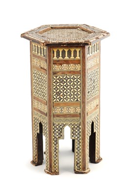 Lot 256 - A 19TH CENTURY MINIATURE ISLAMIC INLAID BONE AND MOTHER OF PEARL TABLE