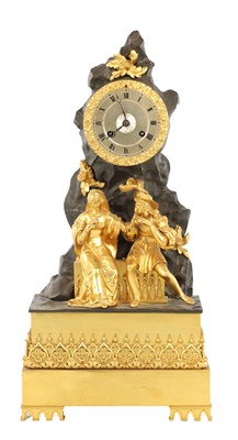 Lot 1615 - LEROY, PARIS. AN EARLY 19TH CENTURY FRENCH BRONZE AND ORMOLU FIGURAL MANTEL CLOCK