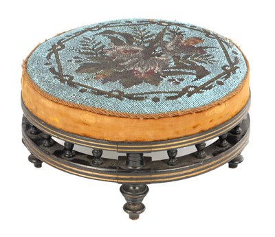 Lot 1284 - A 19TH CENTURY EBONISED TAPESTRY FOOTSTOOL