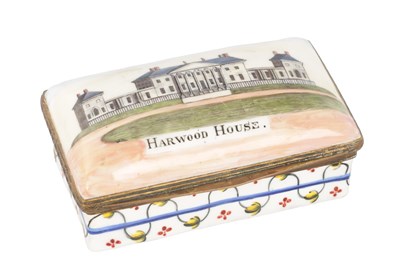 Lot 799 - AN 18TH CENTURY ENAMEL BOX WITH A VIEW OF HAREWOOD HOUSE