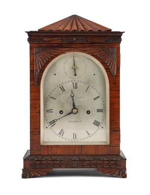 Lot 1731 - JOHN CARTER. CORNHILL, LONDON. A STYLISH LATE REGENCY ROSEWOOD BRACKET CLOCK OF SMALL PROPORTIONS