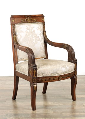 Lot 1336 - AN EARLY 19TH CENTURY FRENCH EMPIRE MAHOGANY AND ORMOLU UPHOLSTERED ARMCHAIR