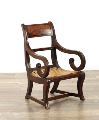 Lot 1329 - A REGENCY MAHOGANY CHILDS CHAIR WITH BERGERE SEAT