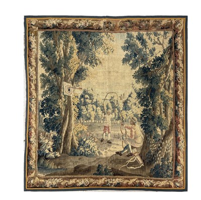 Lot 929 - AN 18TH CENTURY TAPESTRY A MAN AT ARCHERY PRACTICE