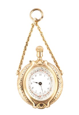 Lot 1444 - ADOLPHE HUGUENIN, LOCLE. AN UNUSUAL OVAL DIAL 14CT GOLD AND ENAMEL FOB WATCH