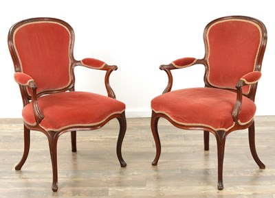 Lot 1381 - A PAIR OF 19TH CENTURY MAHOGANY HEPPLEWHITE-STYLE UPHOLSTERED ARMCHAIRS