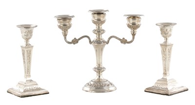 Lot 358 - A PAIR OF LATE 20TH CENTURY ADAM STYLE CANDLE STICKS AND ANOTHER THREE-BRANCH CANDELABRA