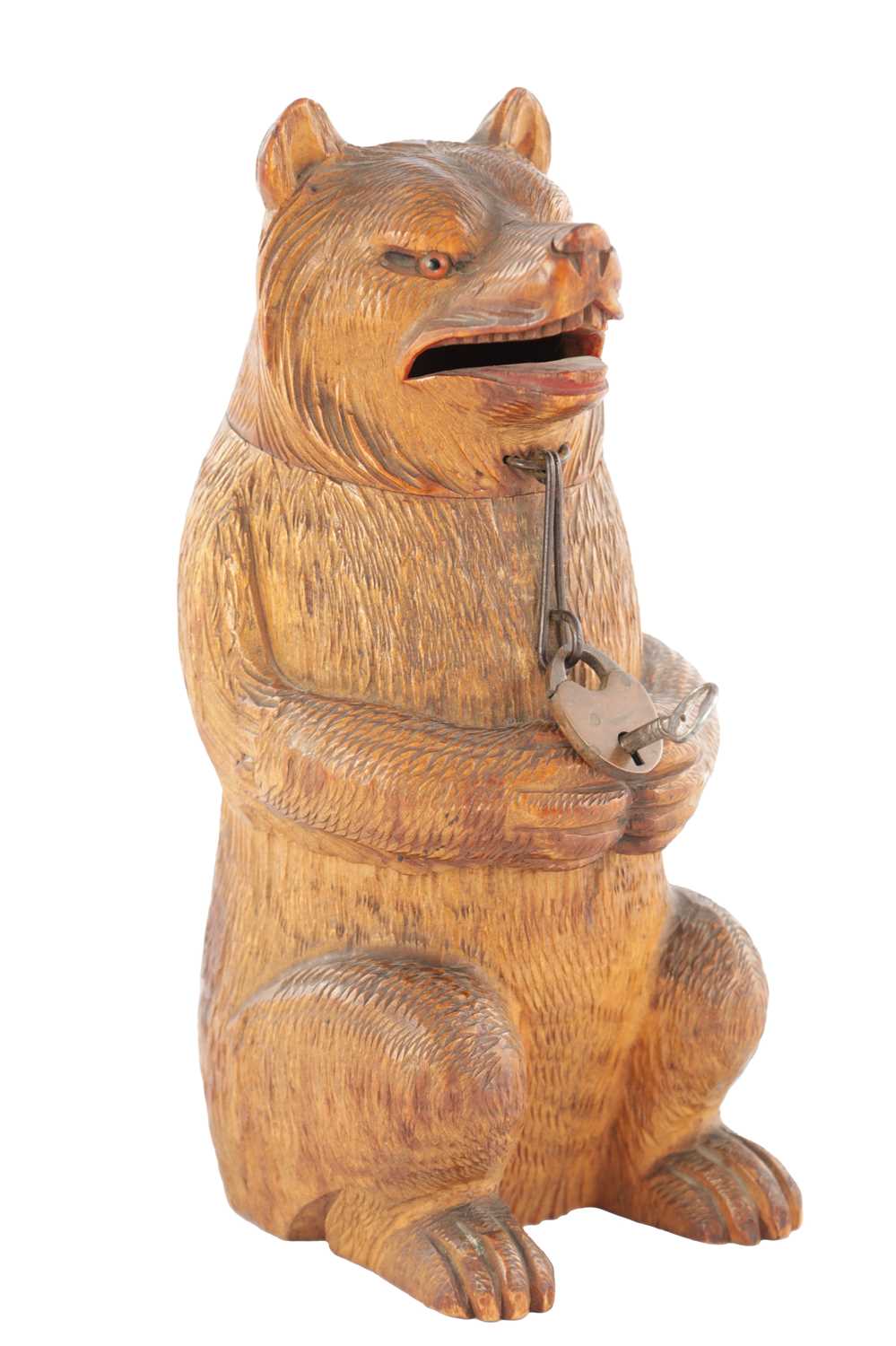 Lot 1083 - AN UNUSUAL LATE 19TH CENTURY CARVED WOOD BLACK FOREST SEATED BEAR MONEY BOX