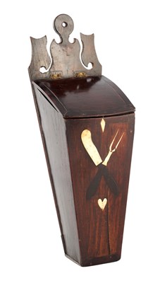 Lot 1122 - A LATE GEORGIAN EXOTIC HARDWOOD HANGING CUTLERY BOX