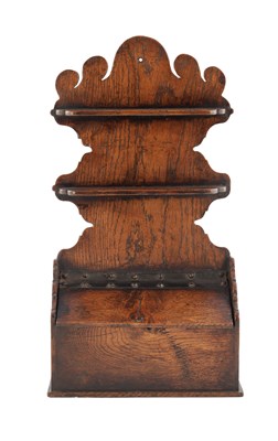Lot 1105 - AN 18TH CENTURY STYLE HANGING OAK SPOON RACK/CANDLE BOX