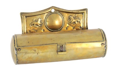 Lot 794 - A 19TH CENTURY CYLINDRICAL HANGING BRASS CANDLE BOX