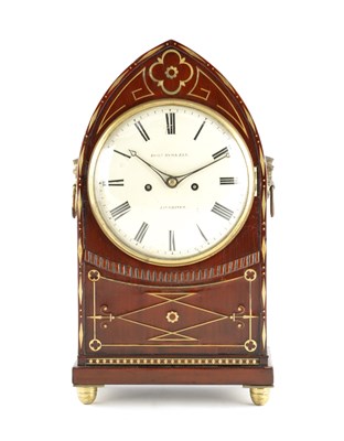 Lot 1629 - ROBERT ROSKELL, LIVERPOOL. A REGENCY MAHOGANY BRASS INLAID BRACKET CLOCK