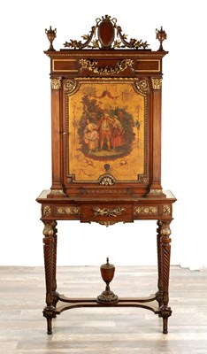 Lot 1246 - A 20TH CENTURY LOUIS XV-STYLE VERNIS MARTIN MAHOGANY AND CARVED GILT WOOD CABINET ON STAND