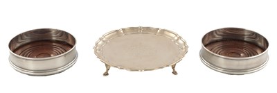 Lot 336 - A GEORGE V SILVER WAITER AND PAIR OF SILVER BOTTLE COASTERS