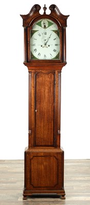 Lot 1570 - SAMUEL EVANS, OSWESTRY. A LATE GEORGE III OAK EIGHT DAY LONGCASE CLOCK