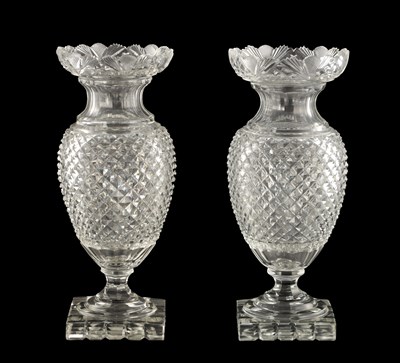 Lot 13 - A FINE PAIR OF 19TH CENTURY REGENCY STYLE OVERSIZED CUT GLASS VASES