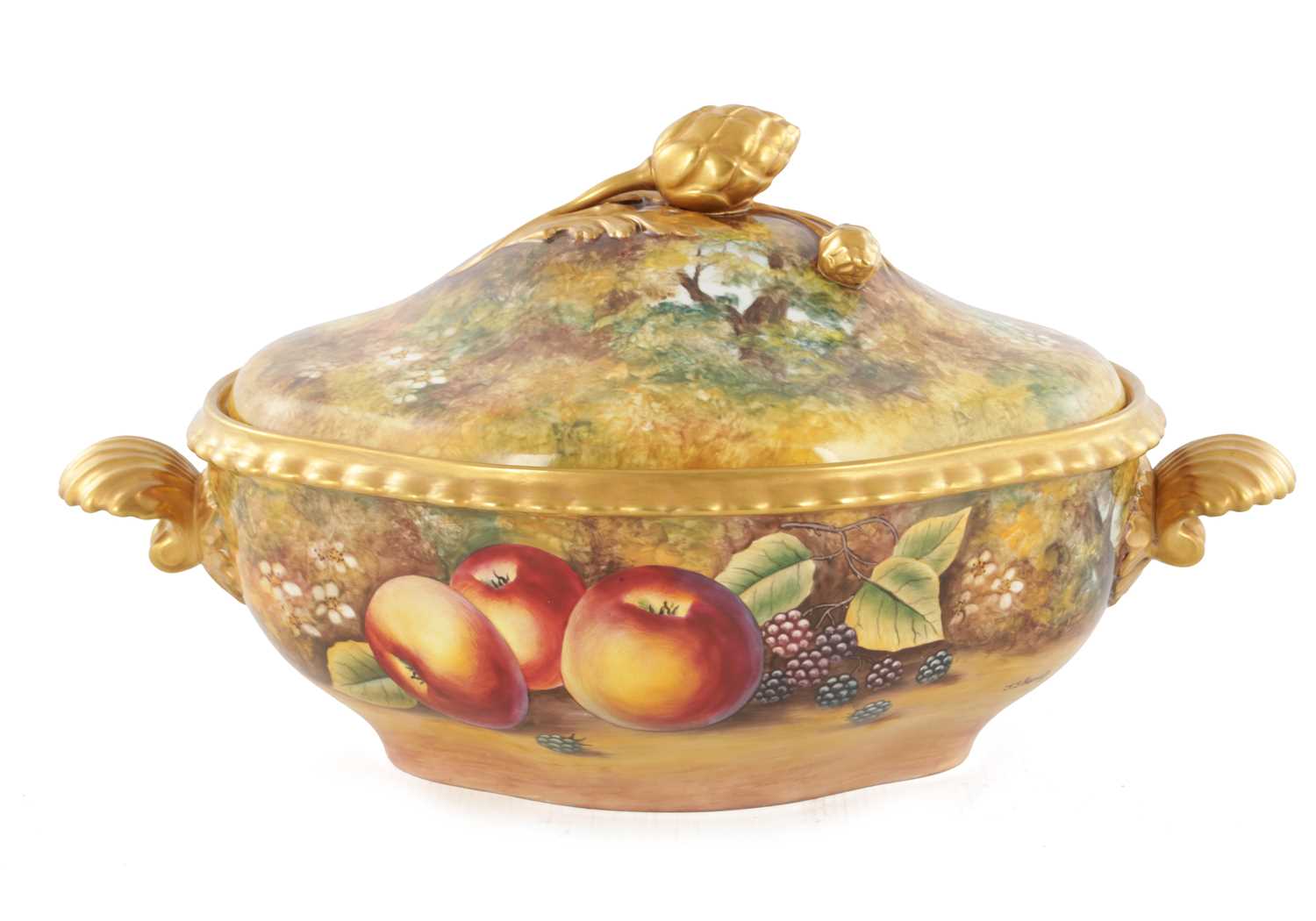 Lot 63 - A FINE ROYAL WORCESTER FRUIT BLACK MARK TUREEN AND COVER SIGNED J S KERNETT