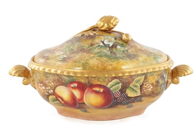 Lot 63 - A FINE ROYAL WORCESTER FRUIT BLACK MARK TUREEN AND COVER SIGNED J S KERNETT