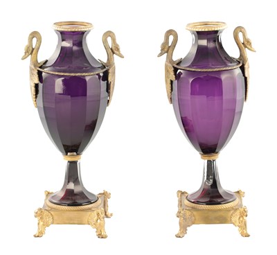 Lot 739 - A PAIR OF LATE 19TH / EARLY 20TH CENTURY RUSSIAN ORMOLU MOUNTED AMETHYST CUT-GLASS VASES