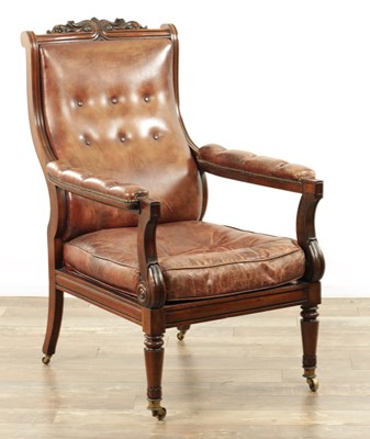 Lot 1180 - A WILLIAM IV ROSEWOOD AND LEATHER UPHOLSTERED LIBRARY CHAIR
