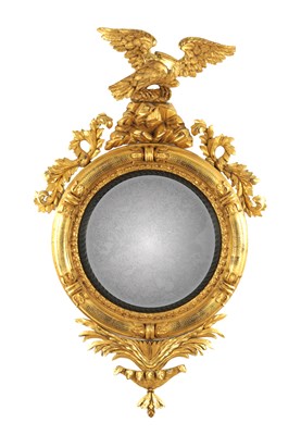 Lot 1281 - A FINE REGENCY GILT GESSO CONVEX HANGING MIRROR OF LARGE SIZE