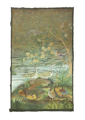 Lot 854 - A LARGE 19TH CENTURY PAINTED CANVAS WALL PANEL, POSSIBLY CHINESE