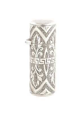 Lot 470 - A VICTORIAN CYLINDRICAL SILVER SCENT BOTTLE