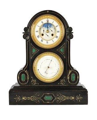 Lot 1674 - A 19TH CENTURY FRENCH BLACK SLATE AND MALACHITE PANELLED MANTEL CLOCK WITH PERPETUAL CALENDAR WORK