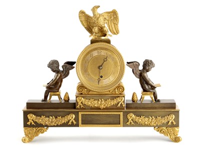 Lot 1670 - AN ENGLISH REGENCY BRONZE AND ORMOLU FUSEE MANTEL CLOCK