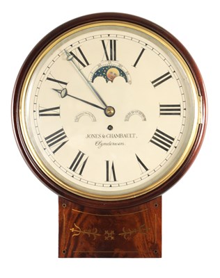 Lot 1724 - JONES & CHAMBAULT, CLYNDERWEN. A REGENCY STYLE FUSEE WALL CLOCK WITH MOONPHASE AND CALENDAR