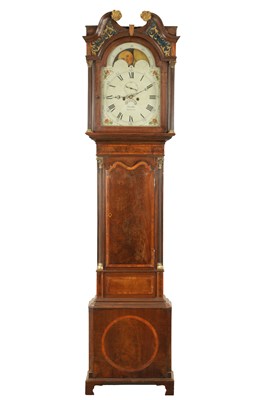Lot 1730 - CHAMLLEY, NEWCASTLE. A LATE GEORGE III FIGURED MAHOGANY AND SATINWOOD CROSSBANDED LONGCASE CLOCK