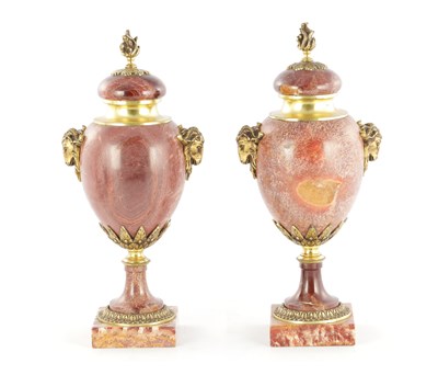 Lot 770 - A PAIR OF LATE 19TH CENTURY ORMOLU MOUNTED ROUGE MARBLE CASSOULETS