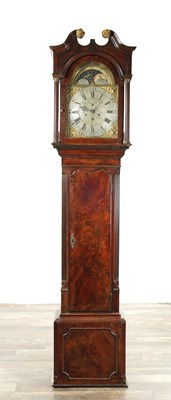 Lot 1712 - WINSTANLEY, HOLEYWELL. A GEORGE III FIGURED MAHOGANY LONGCASE CLOCK