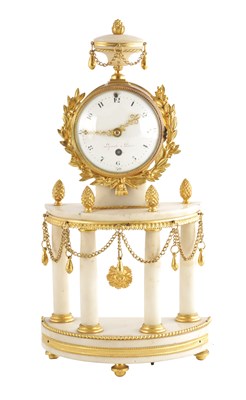 Lot 1487 - LEPAUTE A PARIS. A 19TH CENTURY FRENCH ORMOLU AND WHITE MARBLE PORTICO MANTEL CLOCK