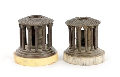 Lot 787 - A NEAR PAIR OF 19TH CENTURY GRAND TOUR BRONZE, SIENNA AND GREY MARBLE INK WELLS